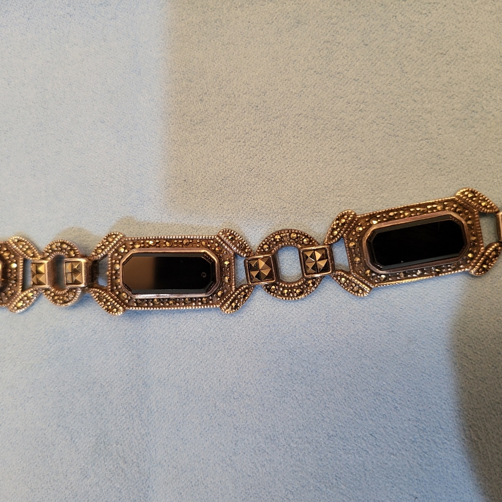 Sterling silver bracelet, VTG, black onyx, marcasite, fantastic 8" long, classic - Picture 4 of 12